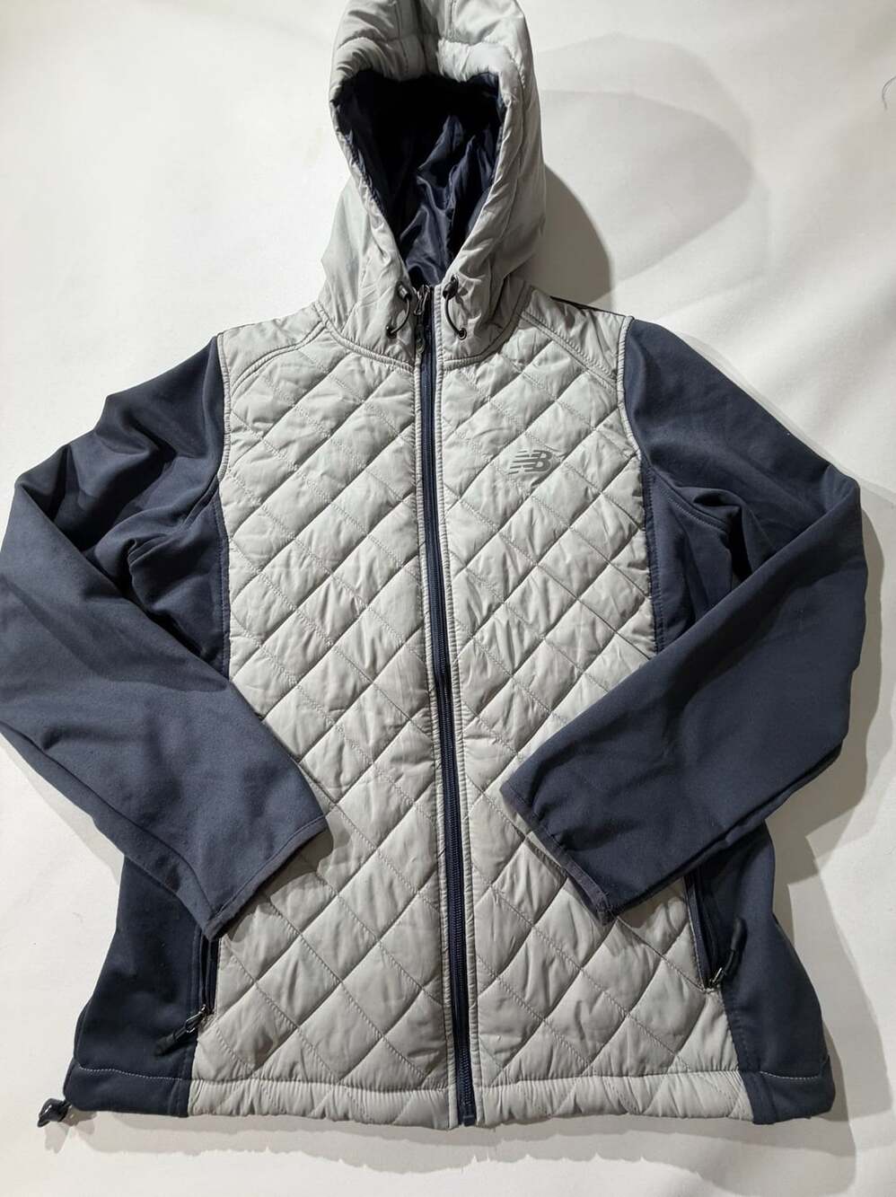 New Balance Mens L Gray Navy Quilted Jacket Zip Up Hooded Hybrid Puffer